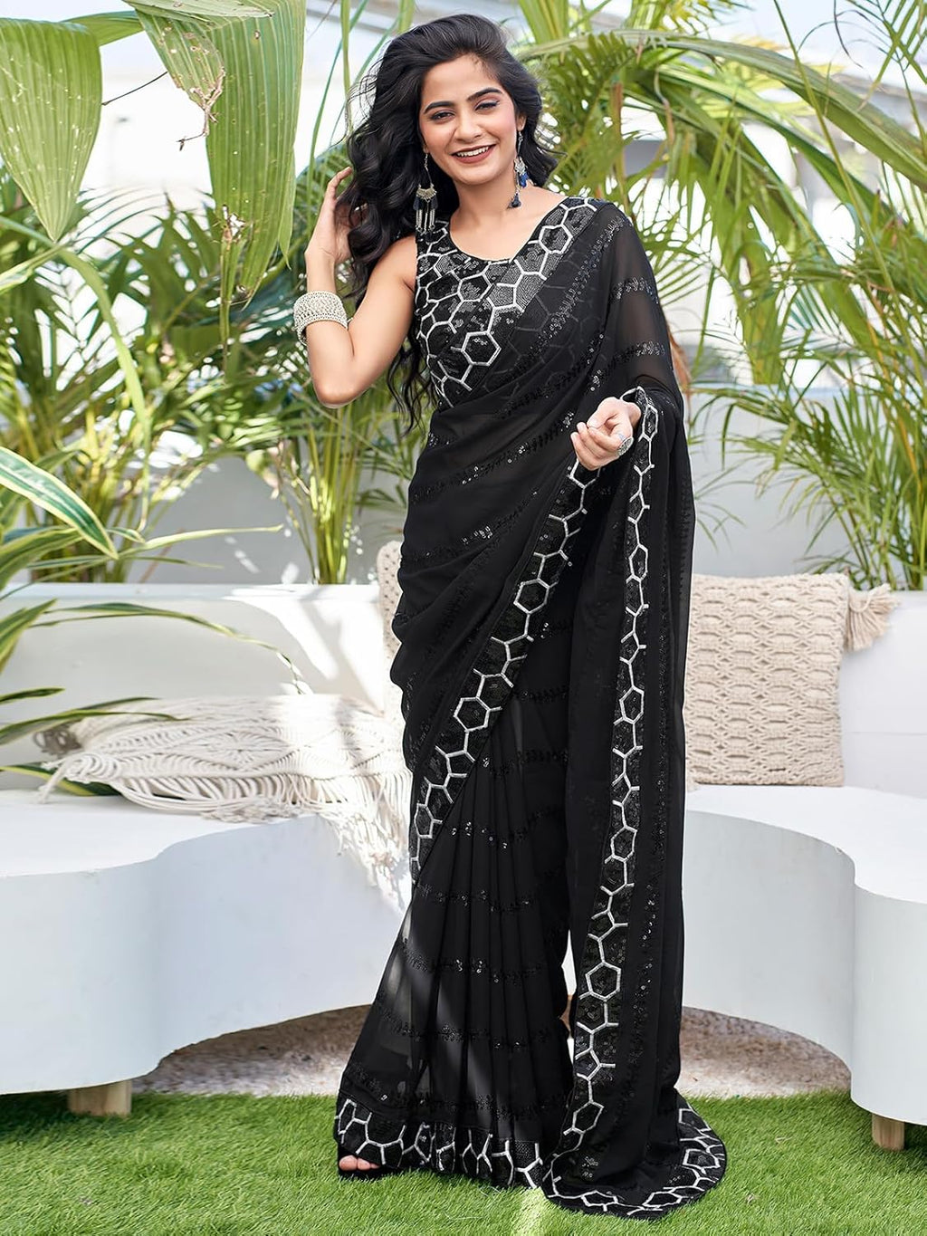 Party Wear Look Designer Saree With Embroidery Sequins Work