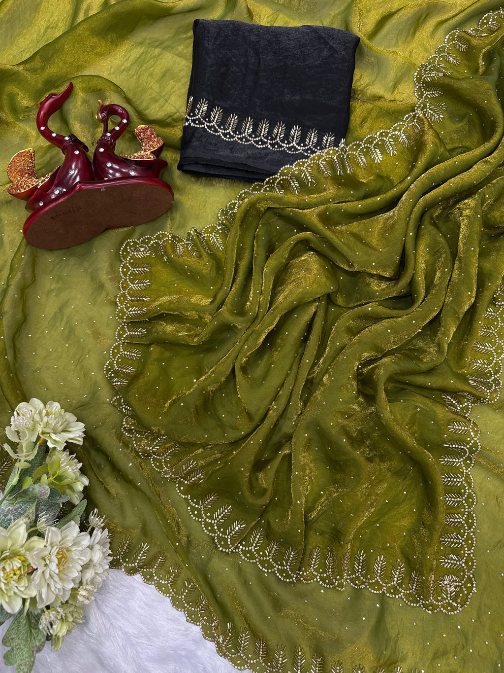 Party Wear Saree With Beautiful Jarkhan Diamond Work