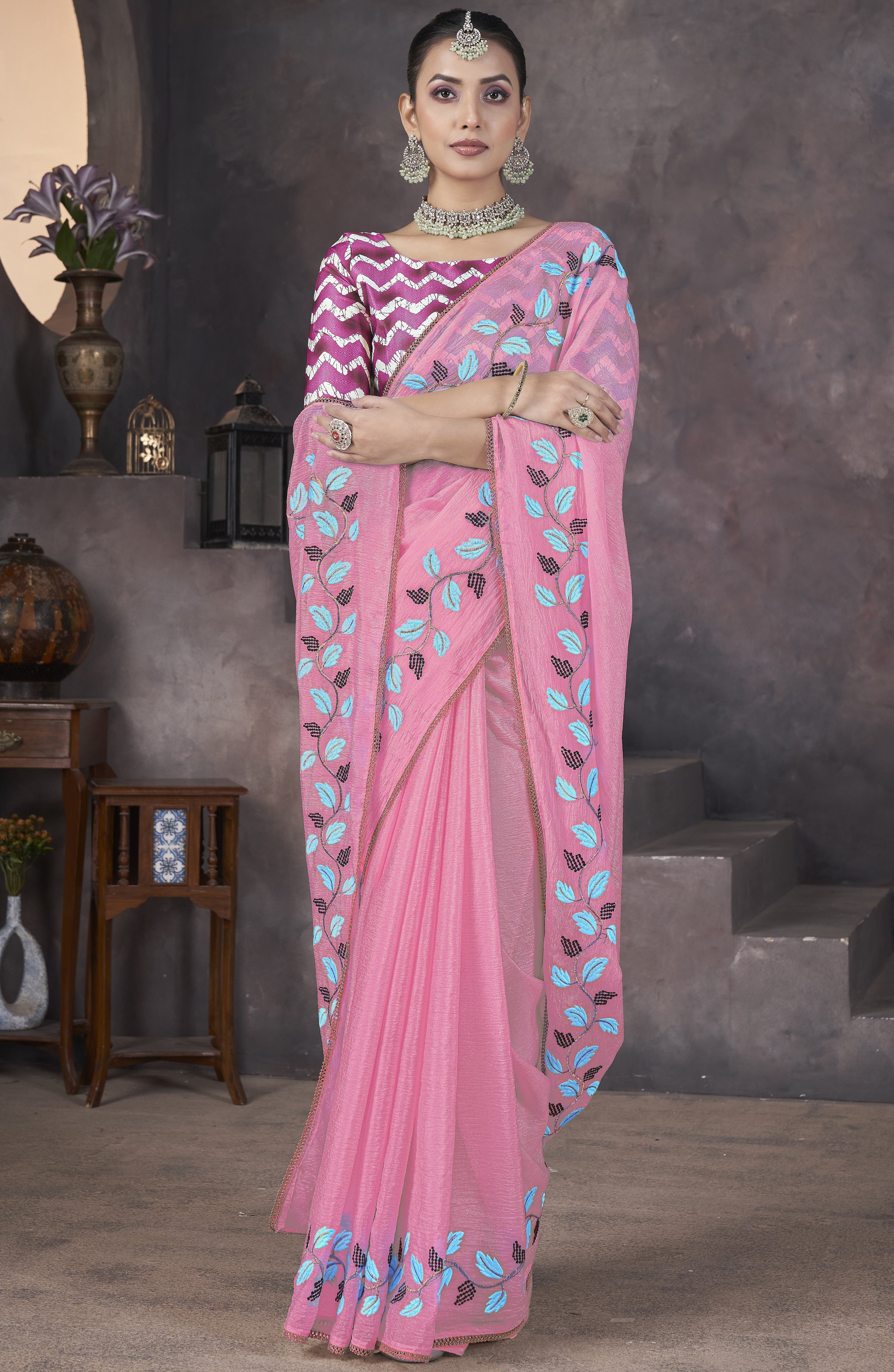 Designer Saree With Beautiful Thread Embroidery work