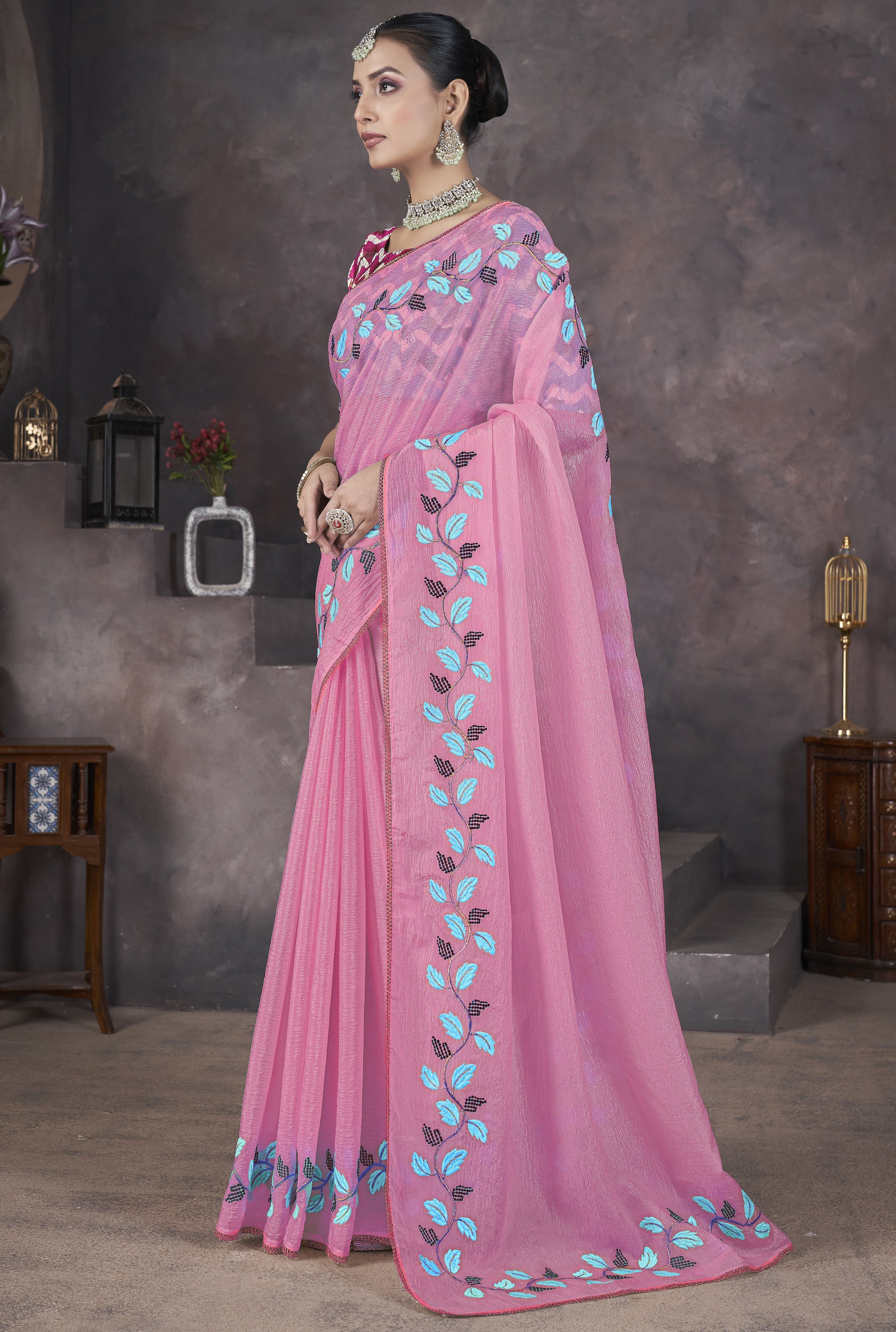 Designer Saree With Beautiful Thread Embroidery work