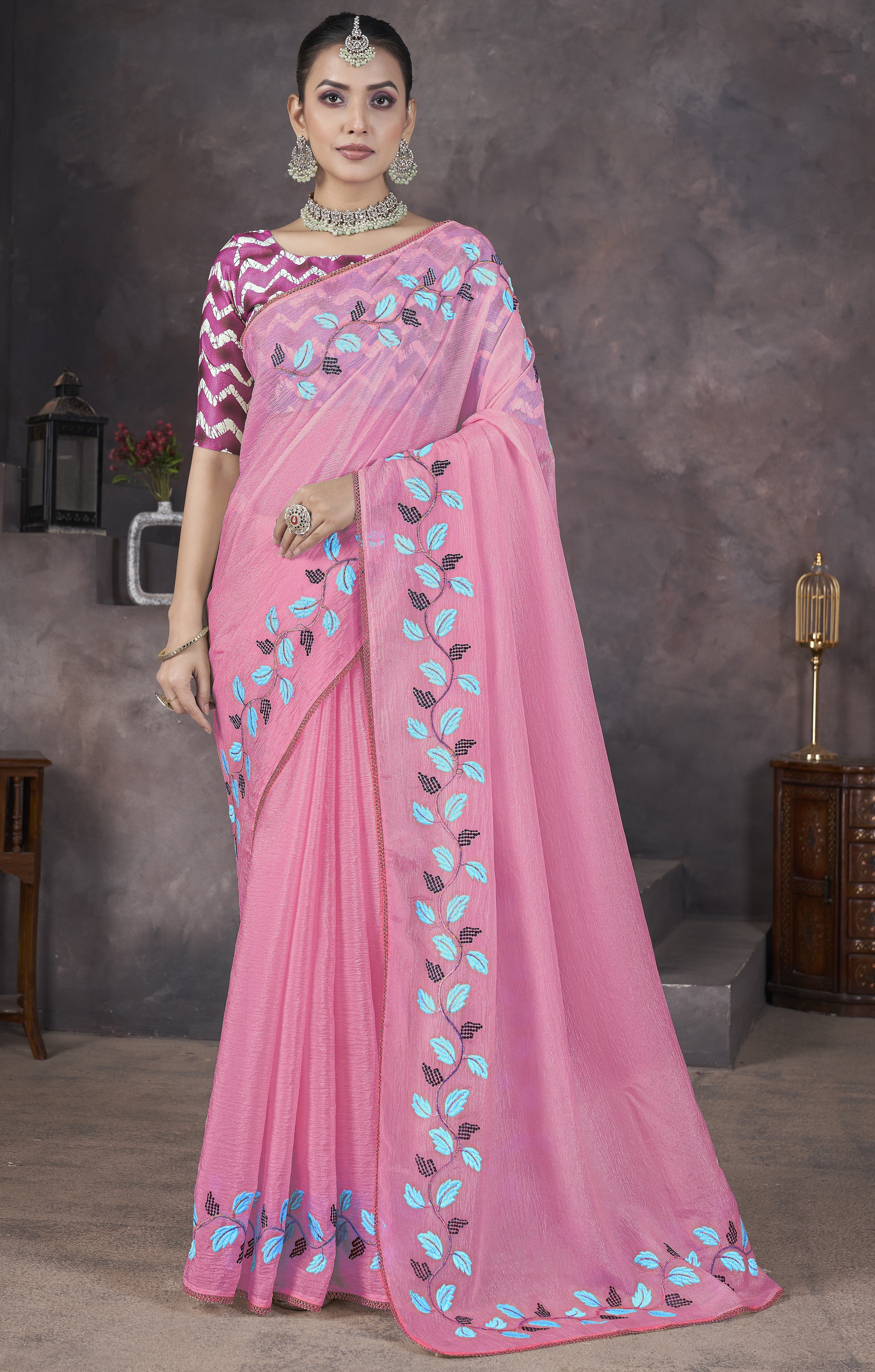 Designer Saree With Beautiful Thread Embroidery work