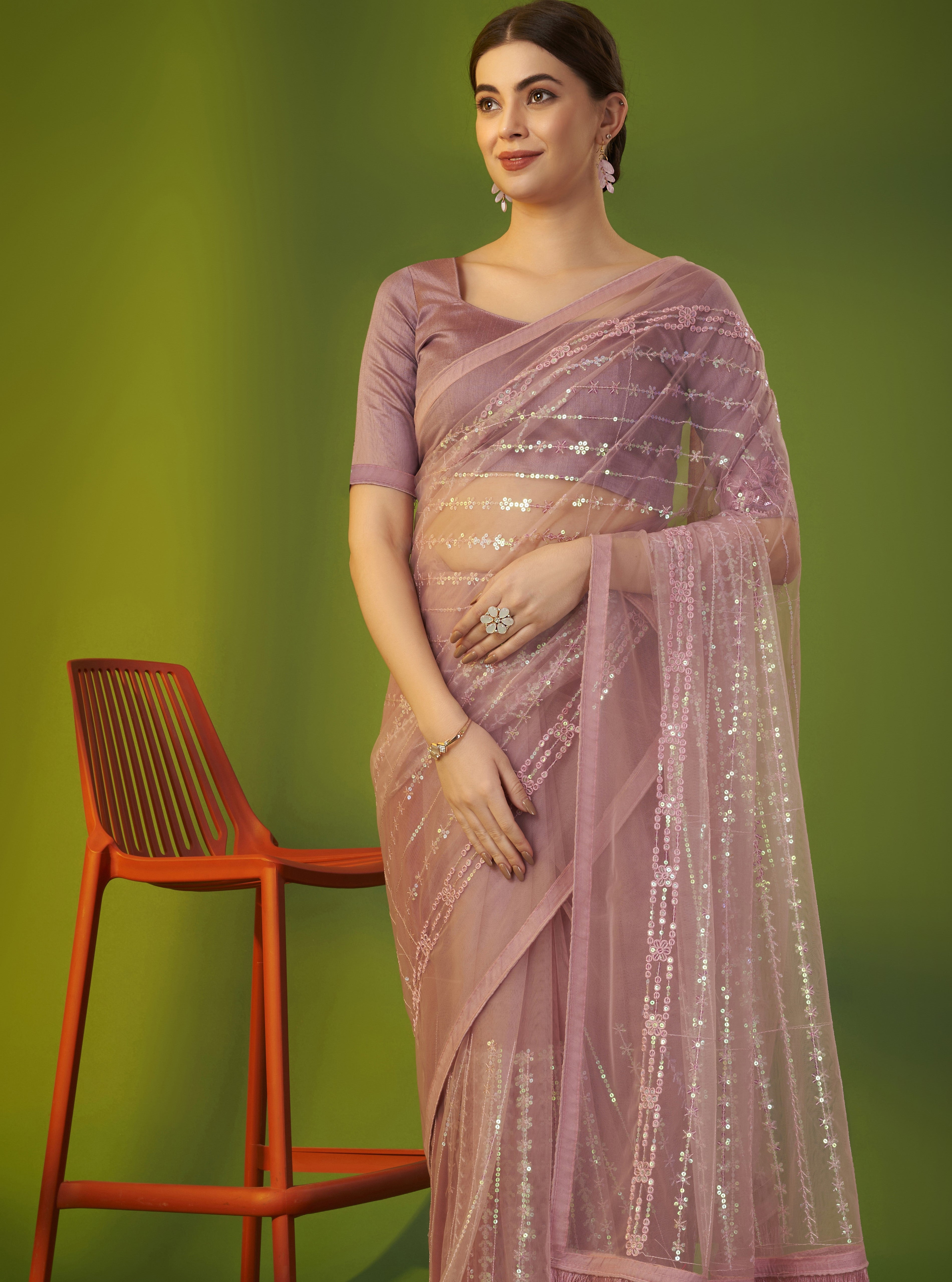 Fancy Saree With Multi Thread And Sequence Embroidery Work