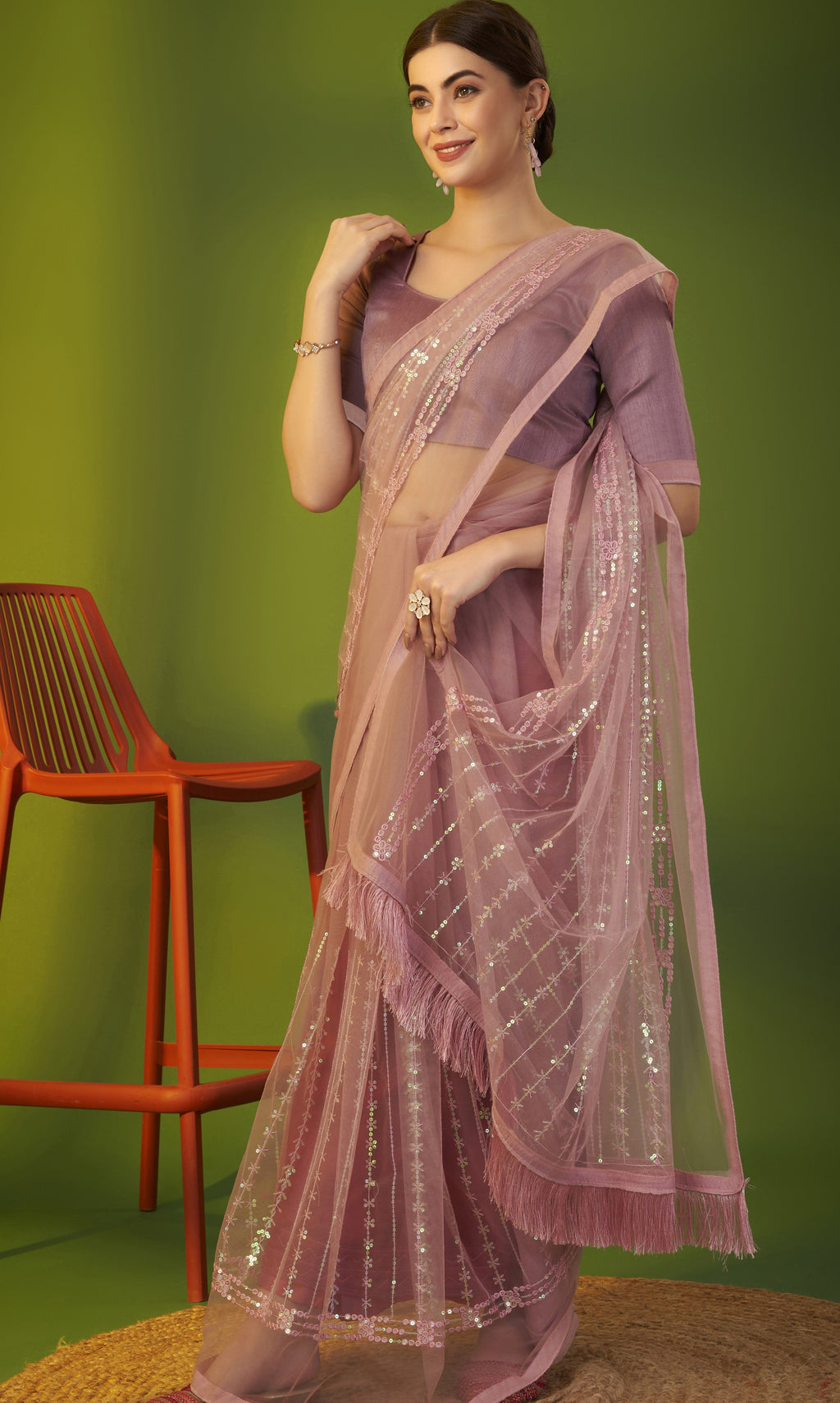 Fancy Saree With Multi Thread And Sequence Embroidery Work
