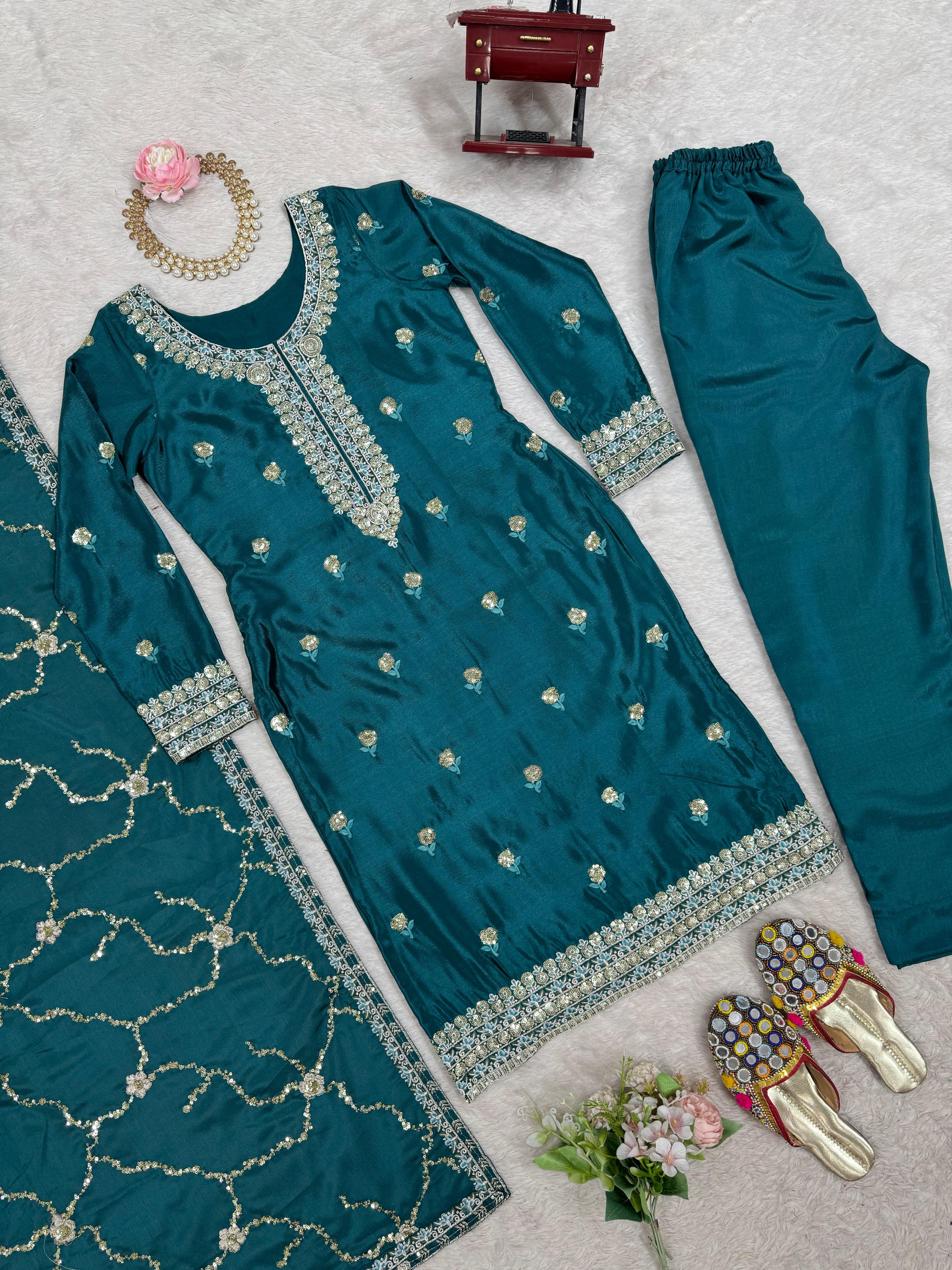Trending Beautiful Top Pent And Dupatta With Thread With Sequence Work