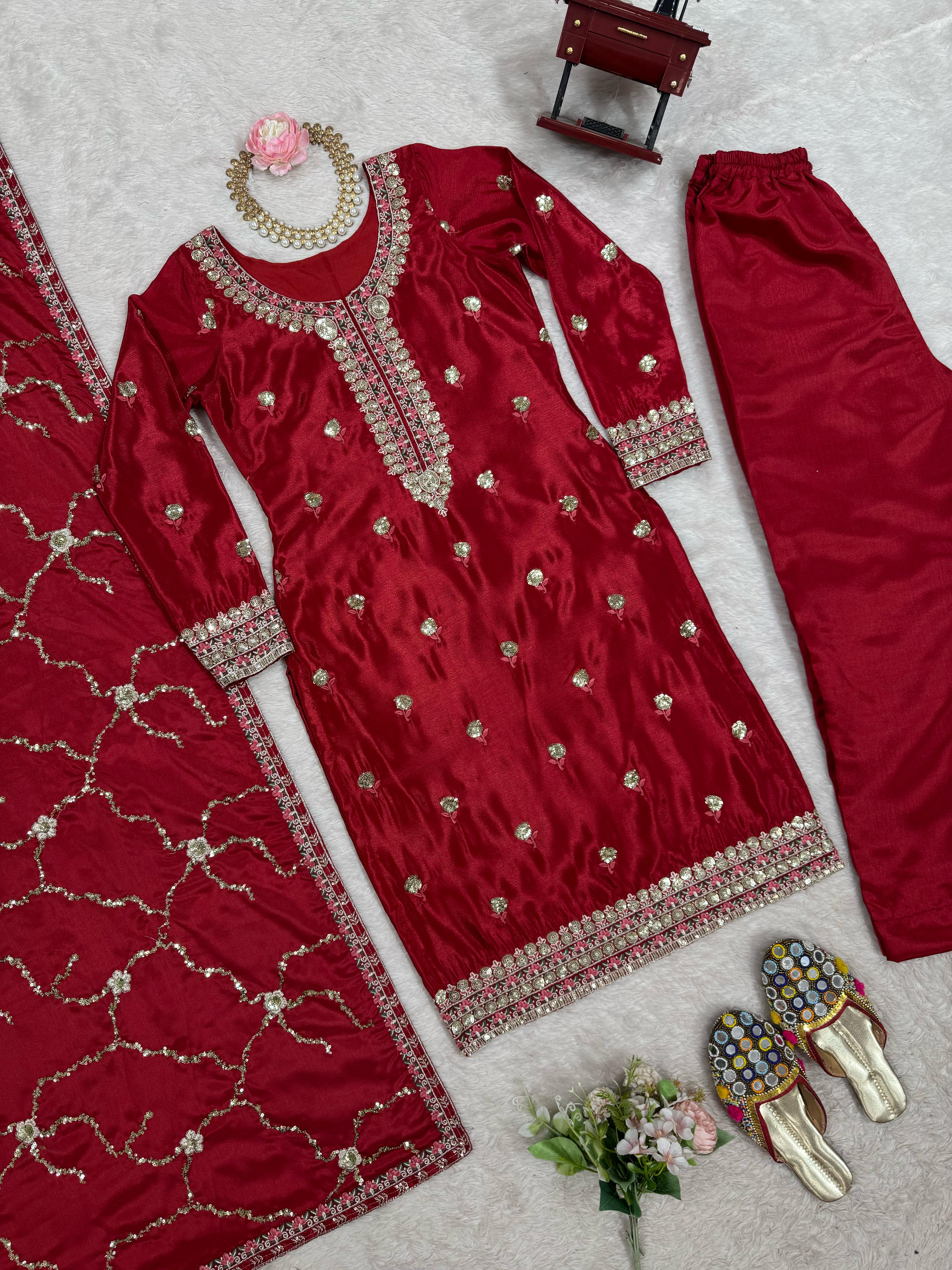 Trending Beautiful Top Pent And Dupatta With Thread With Sequence Work