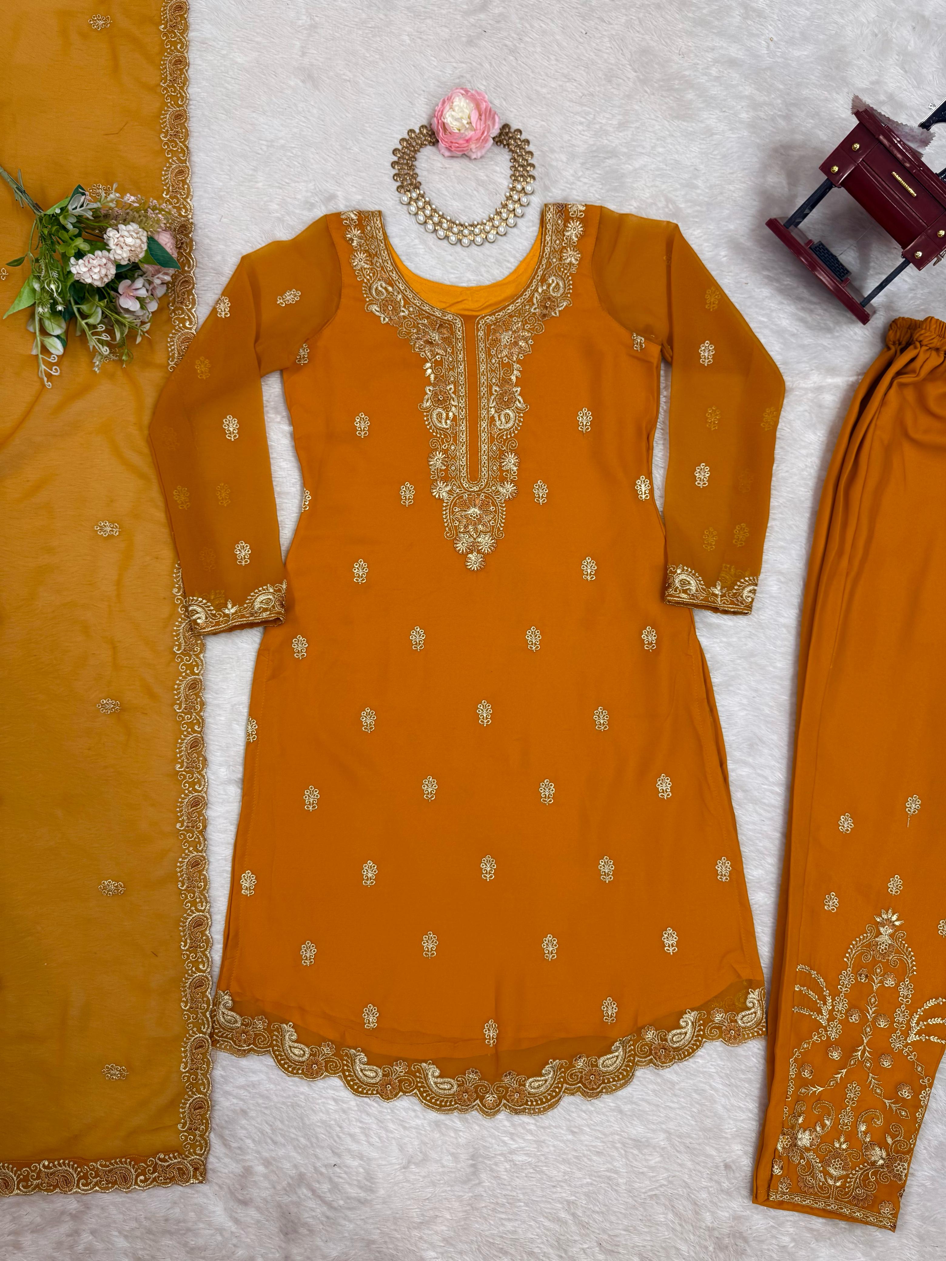 Designer Party Wear Top Bottom And Dupatta With Thread Work