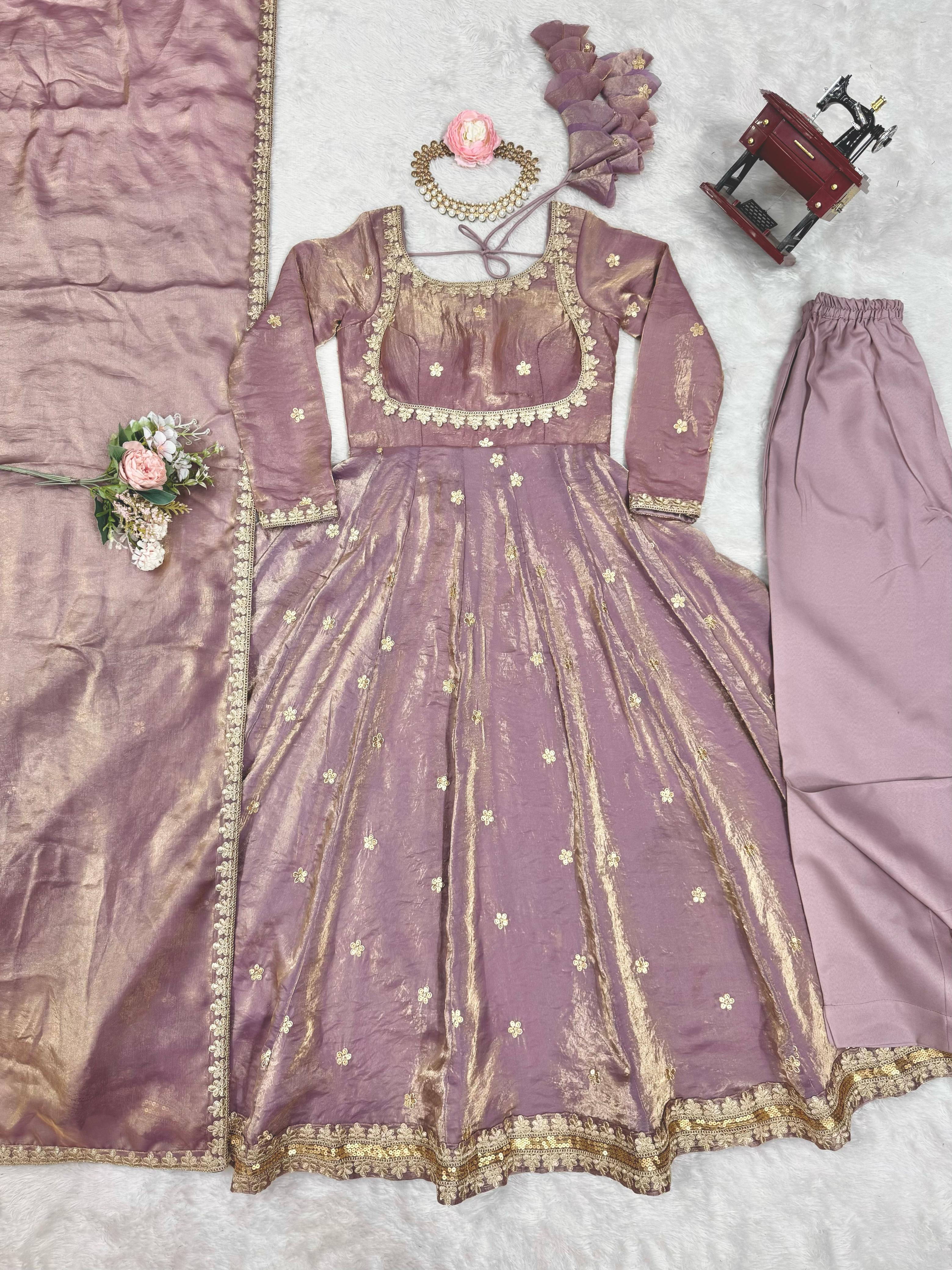 Beautiful Anarkali Gown Pent And Dupatta Coding With Sequence Work