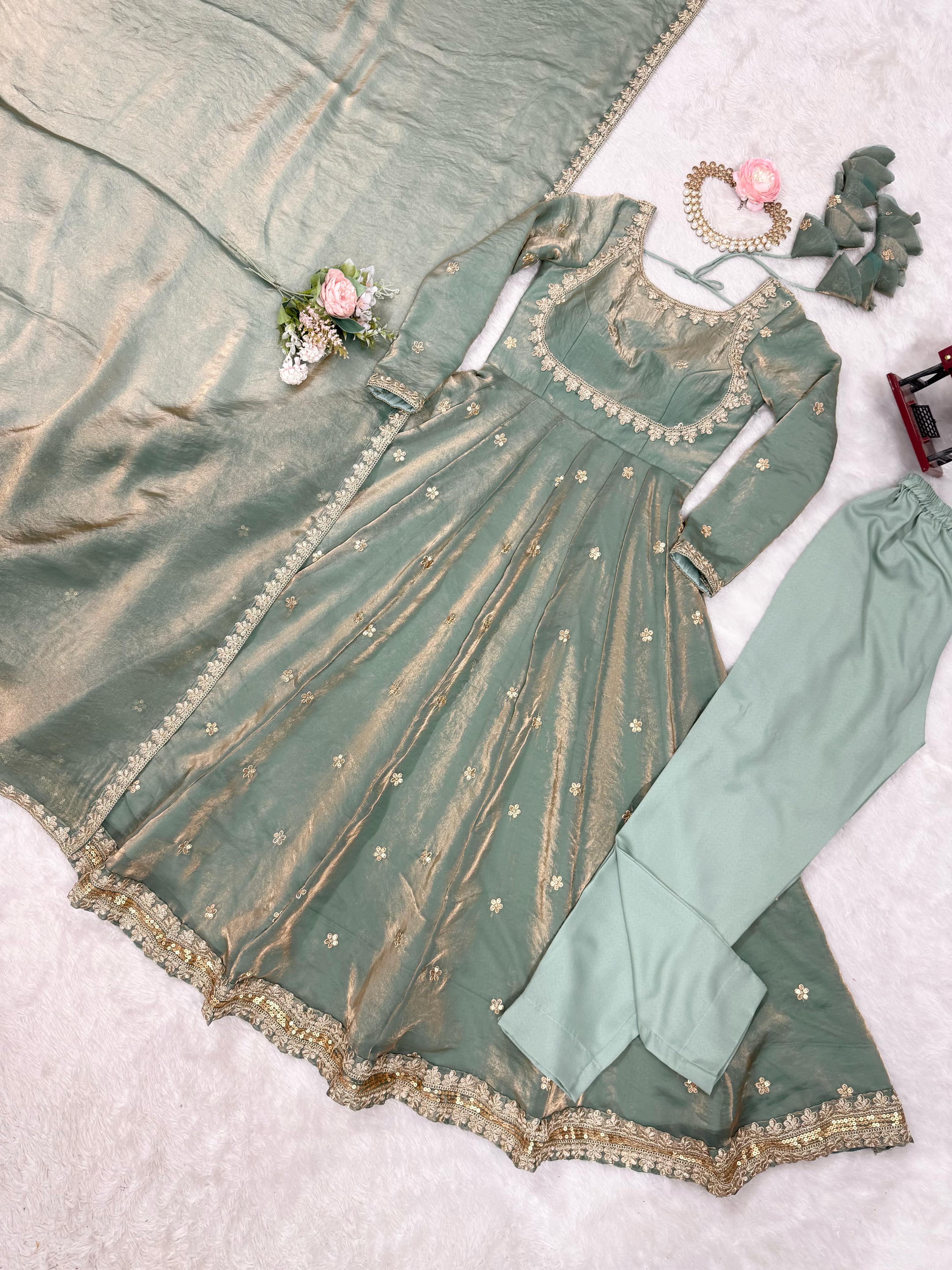 Beautiful Anarkali Gown Pent And Dupatta Coding With Sequence Work