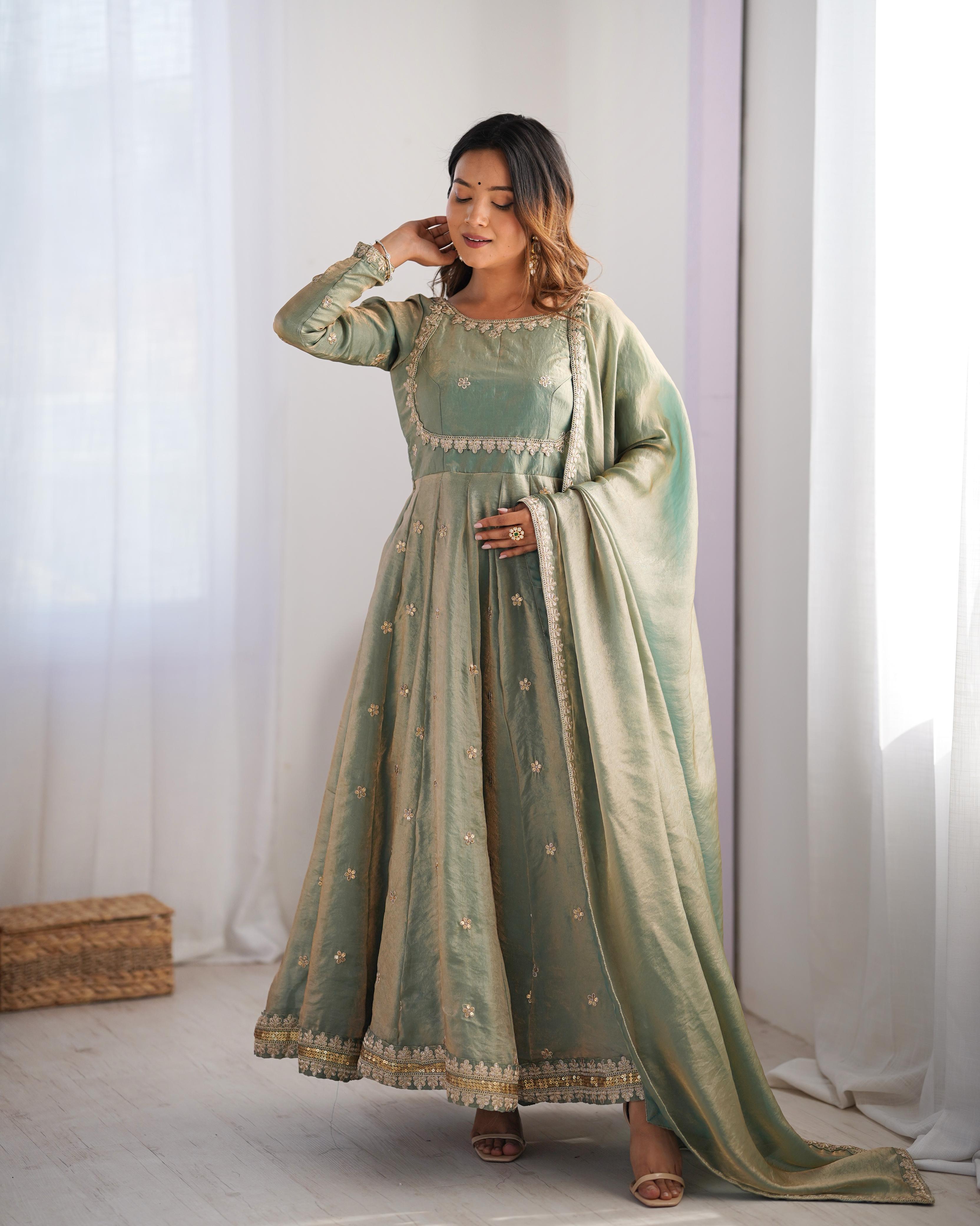 Beautiful Anarkali Gown Pent And Dupatta Coding With Sequence Work