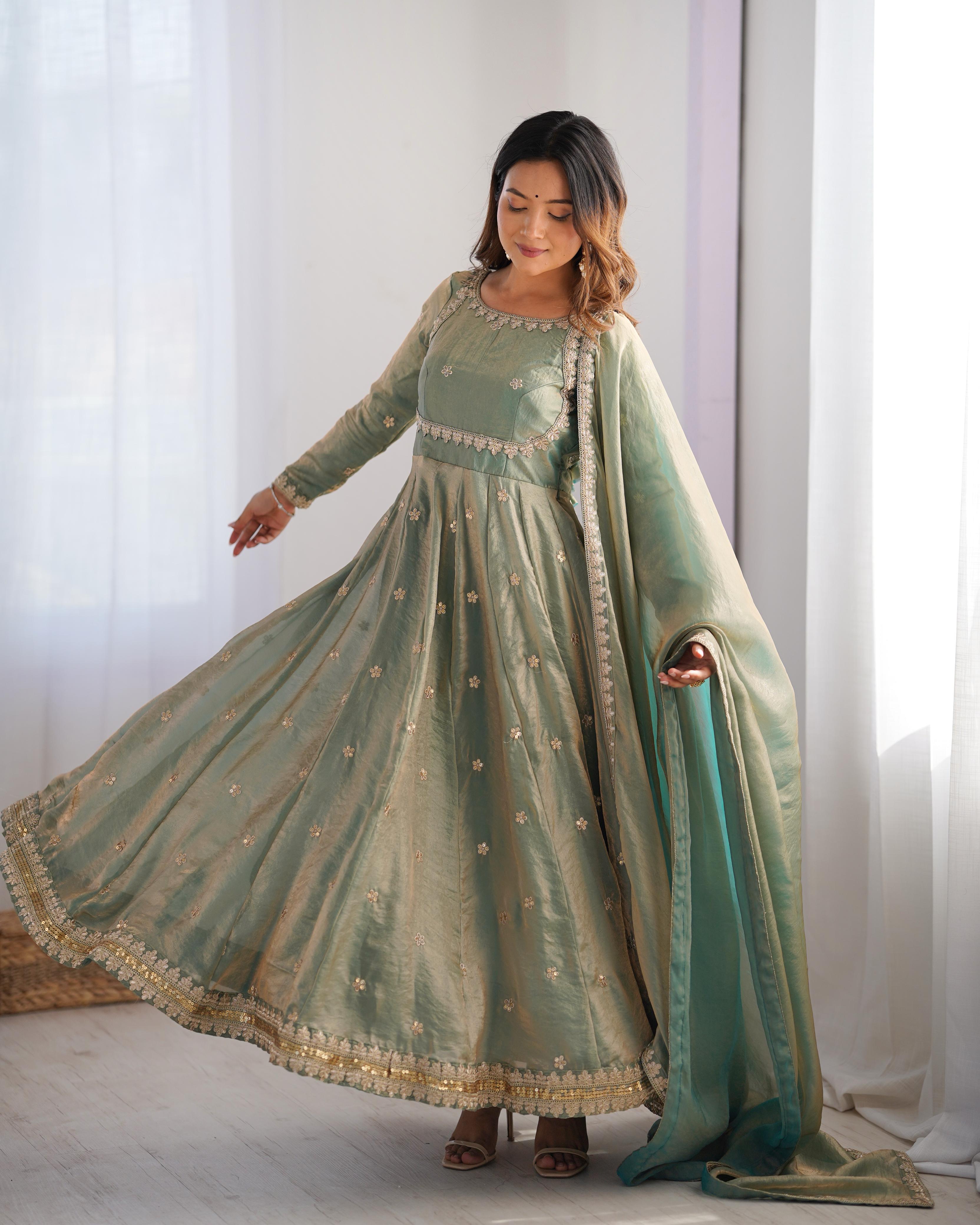 Beautiful Anarkali Gown Pent And Dupatta Coding With Sequence Work