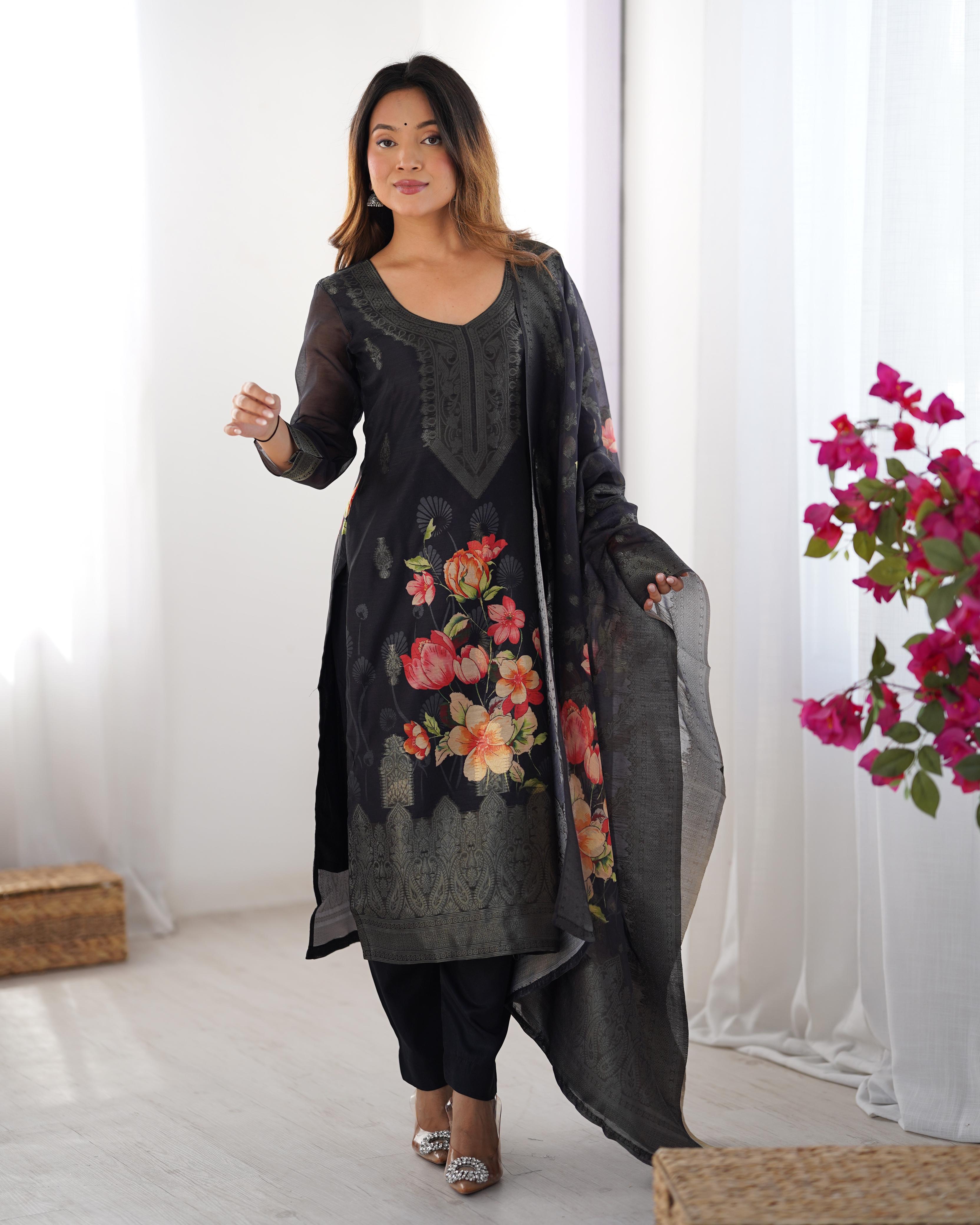 Beautiful Top Pent And Dupatta With  Jacquard Work & Digital Print