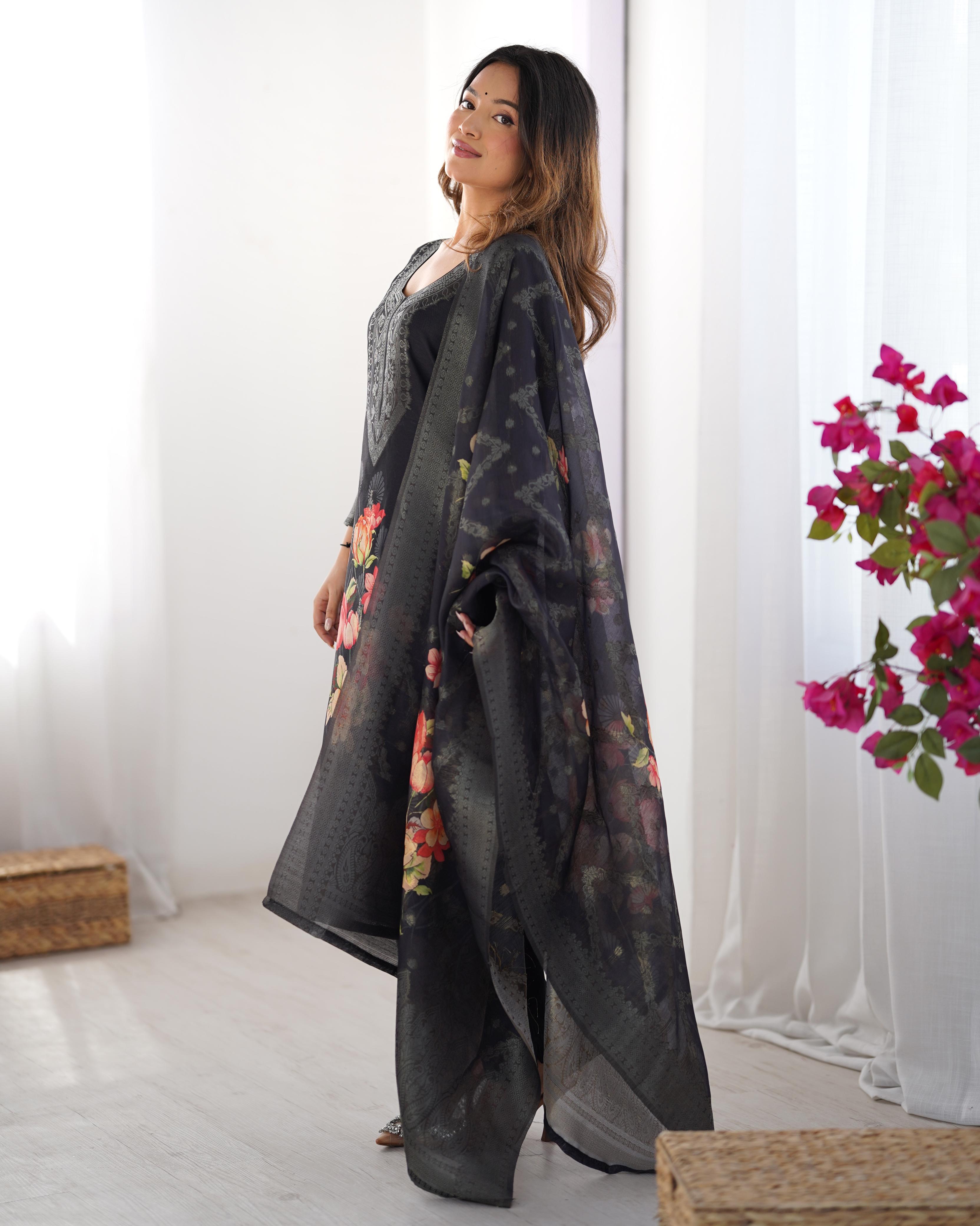 Beautiful Top Pent And Dupatta With  Jacquard Work & Digital Print