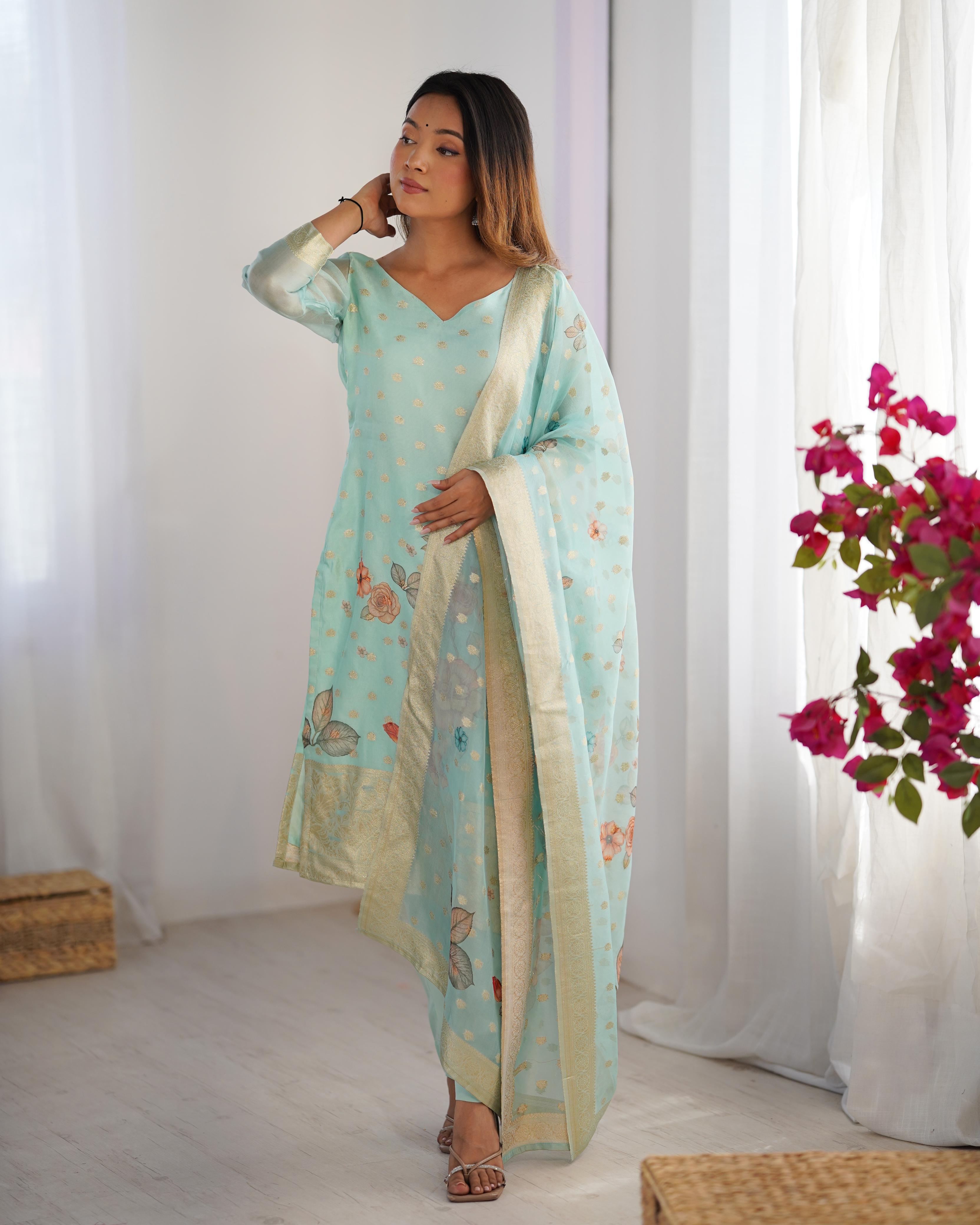 Beautiful Top Pent And Dupatta With  Jacquard Work & Digital Print