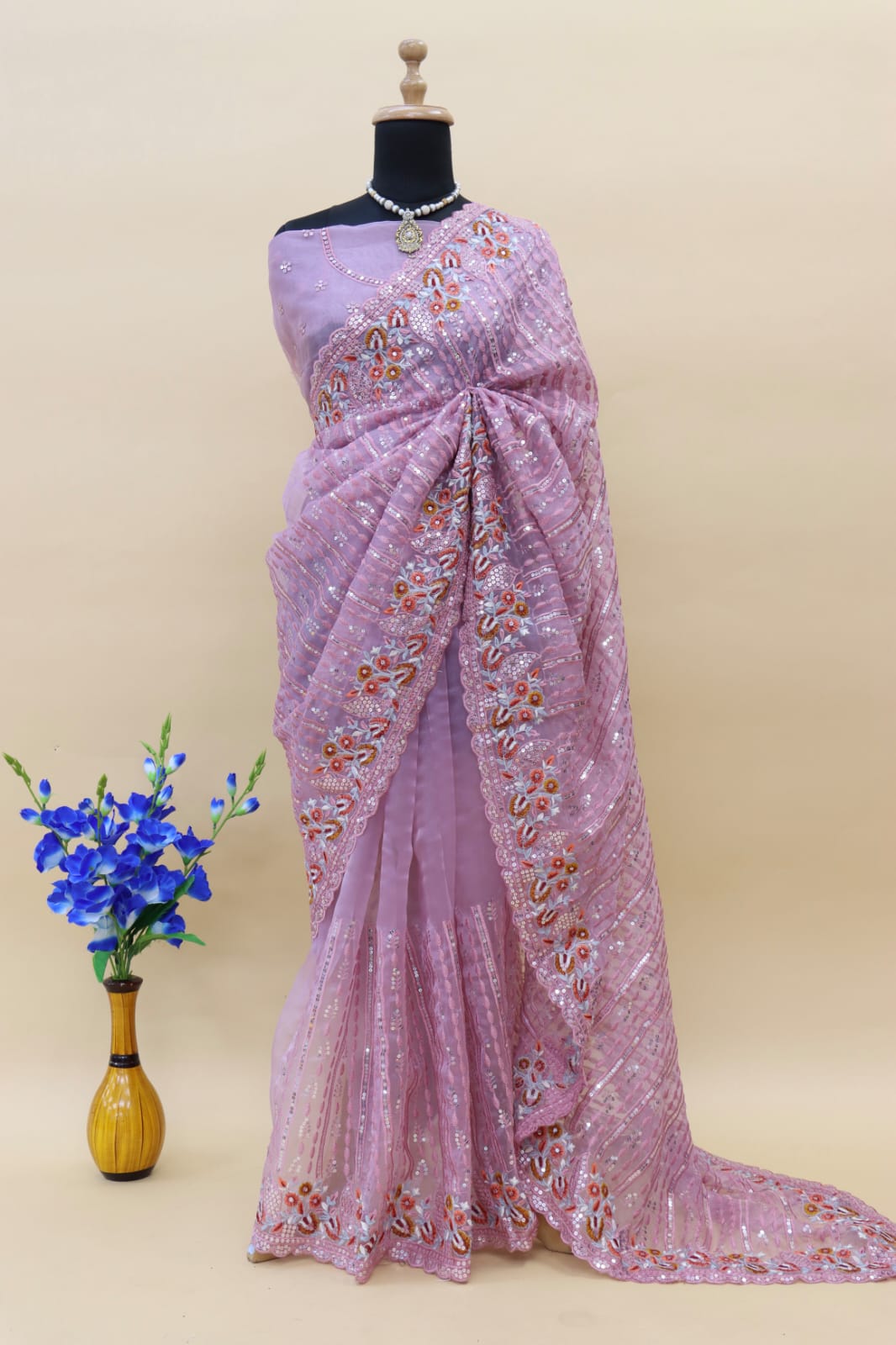 Party Wear Saree With Multi Thread & Sequence Embroidery Work