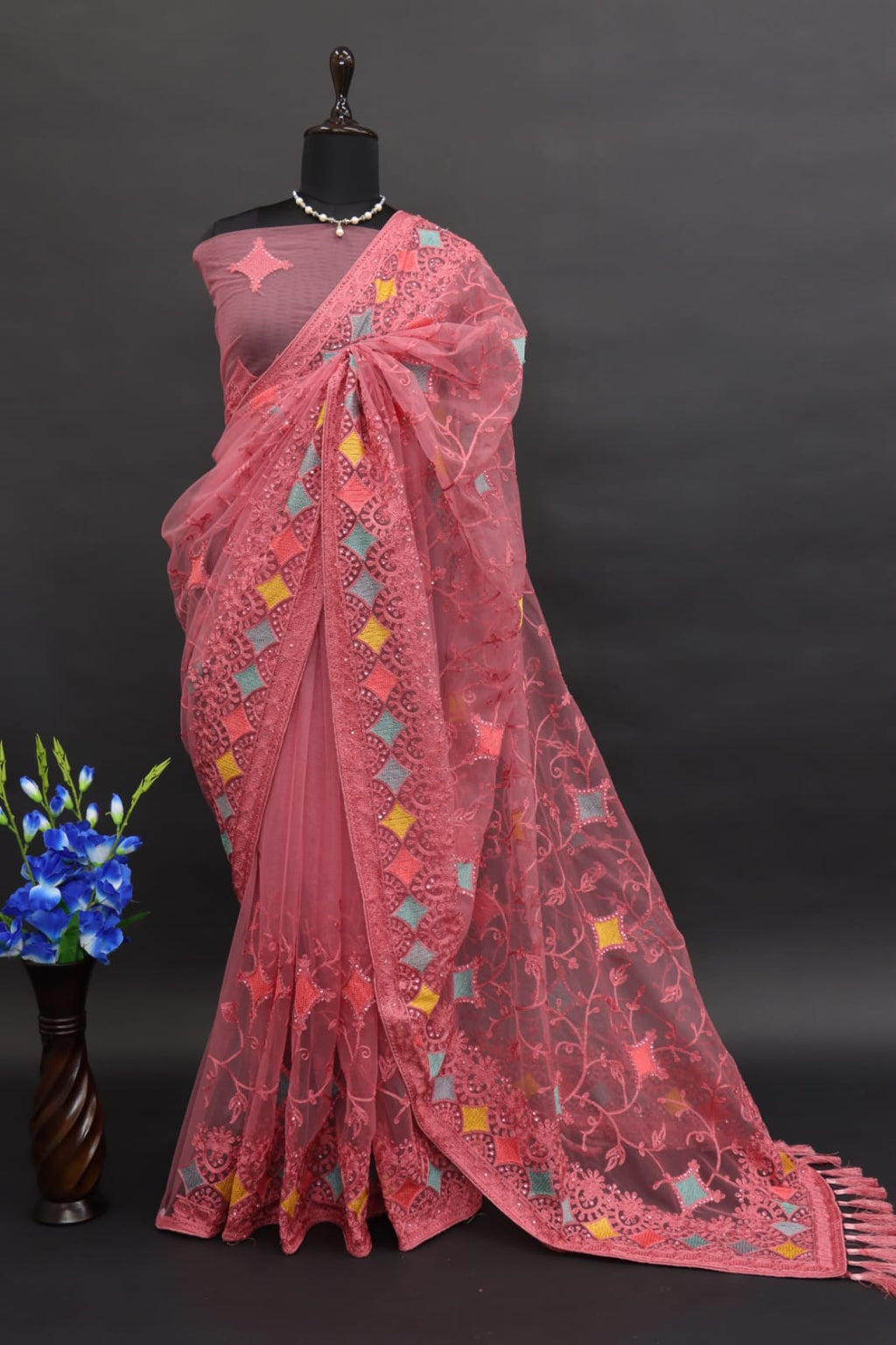 Designer Saree With Multi Color Thread And Zari Embroidery Work