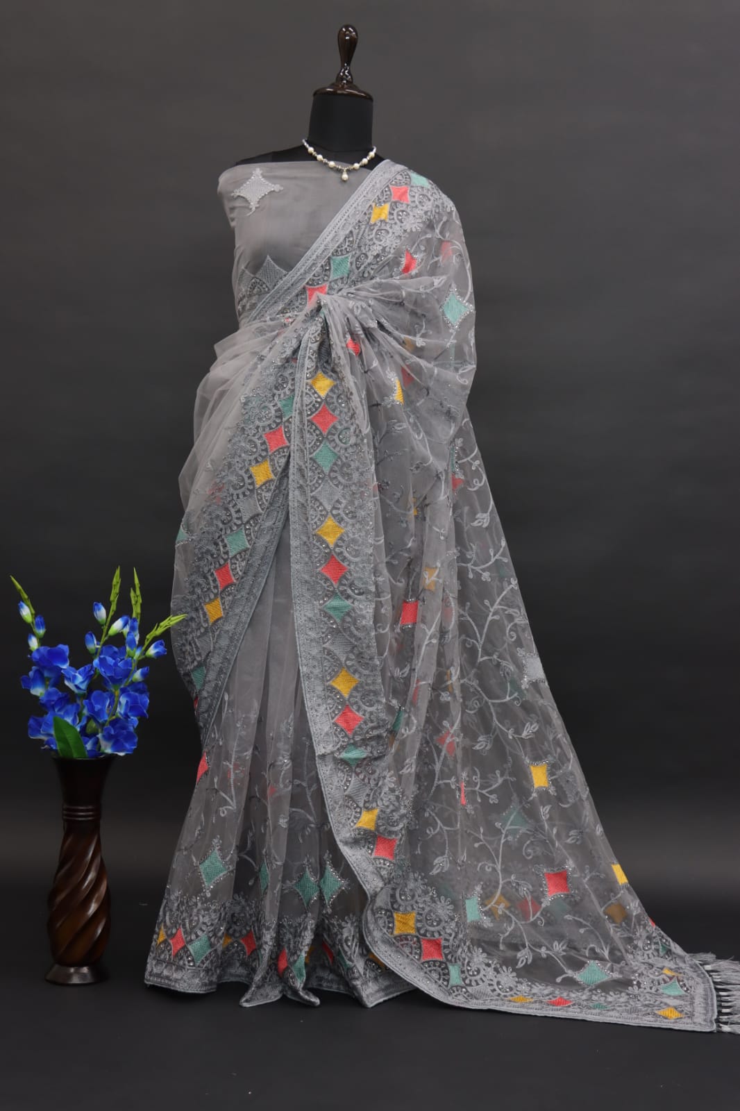 Designer Saree With Multi Color Thread And Zari Embroidery Work