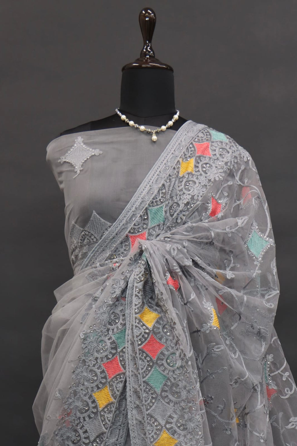 Designer Saree With Multi Color Thread And Zari Embroidery Work