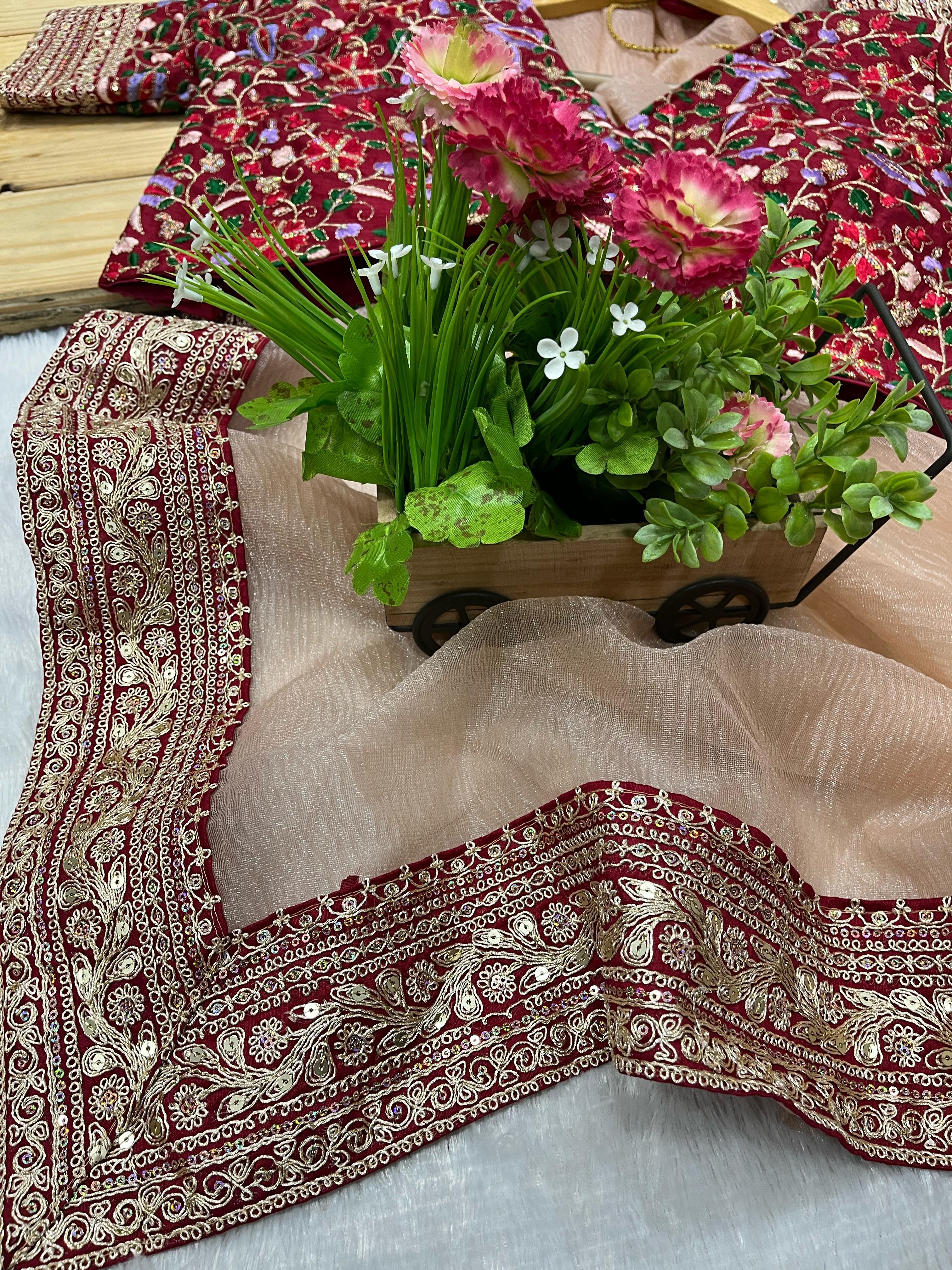 Beautiful Designer Saree With Sequins And Jari Dori Embroidered Lace Border