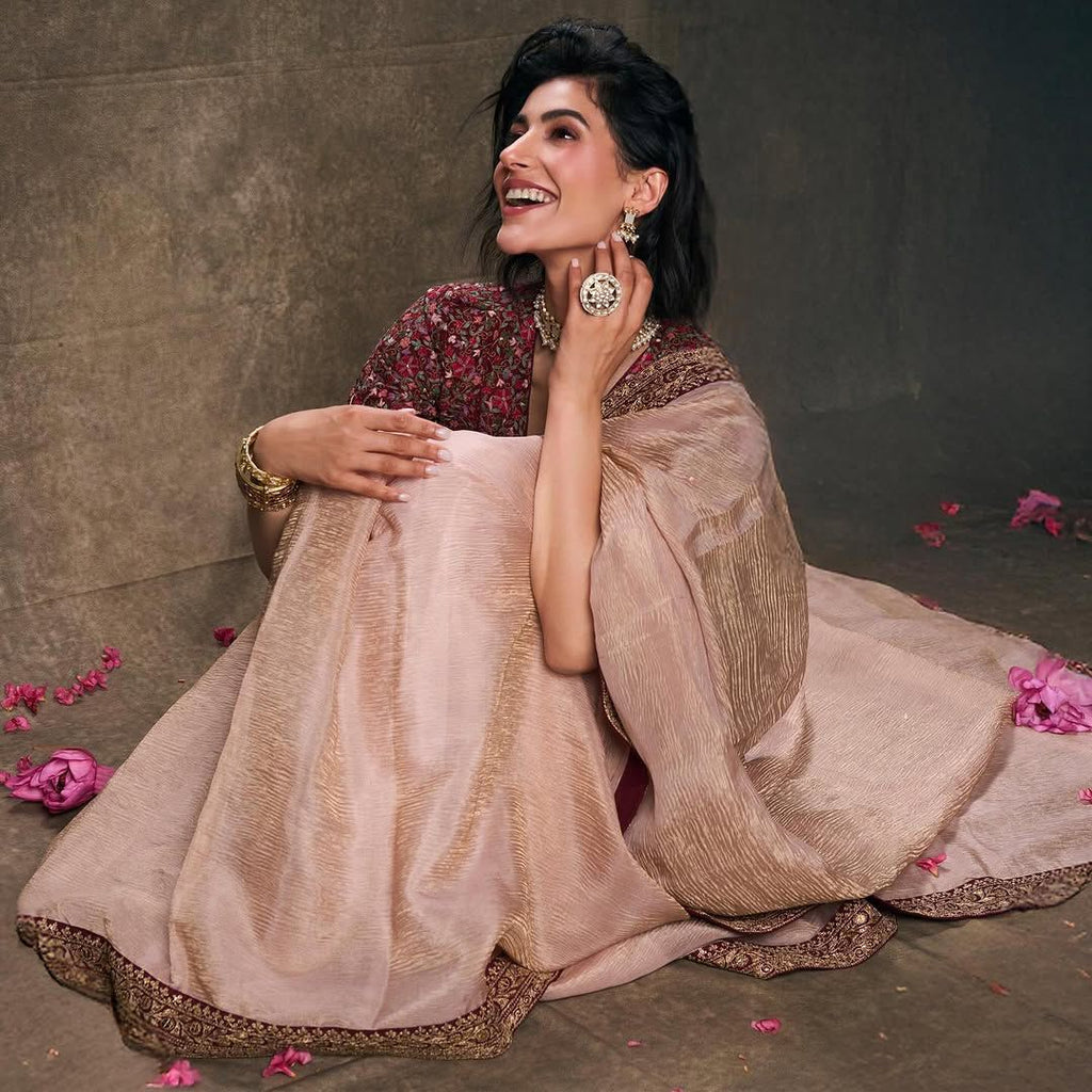 Beautiful Designer Saree With Sequins And Jari Dori Embroidered Lace Border