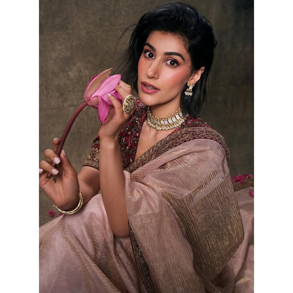 Beautiful Designer Saree With Sequins And Jari Dori Embroidered Lace Border