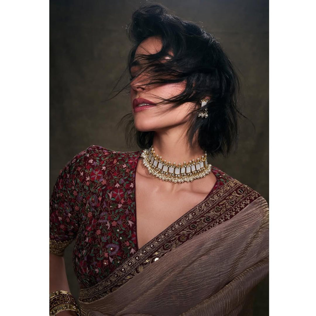 Beautiful Designer Saree With Sequins And Jari Dori Embroidered Lace Border