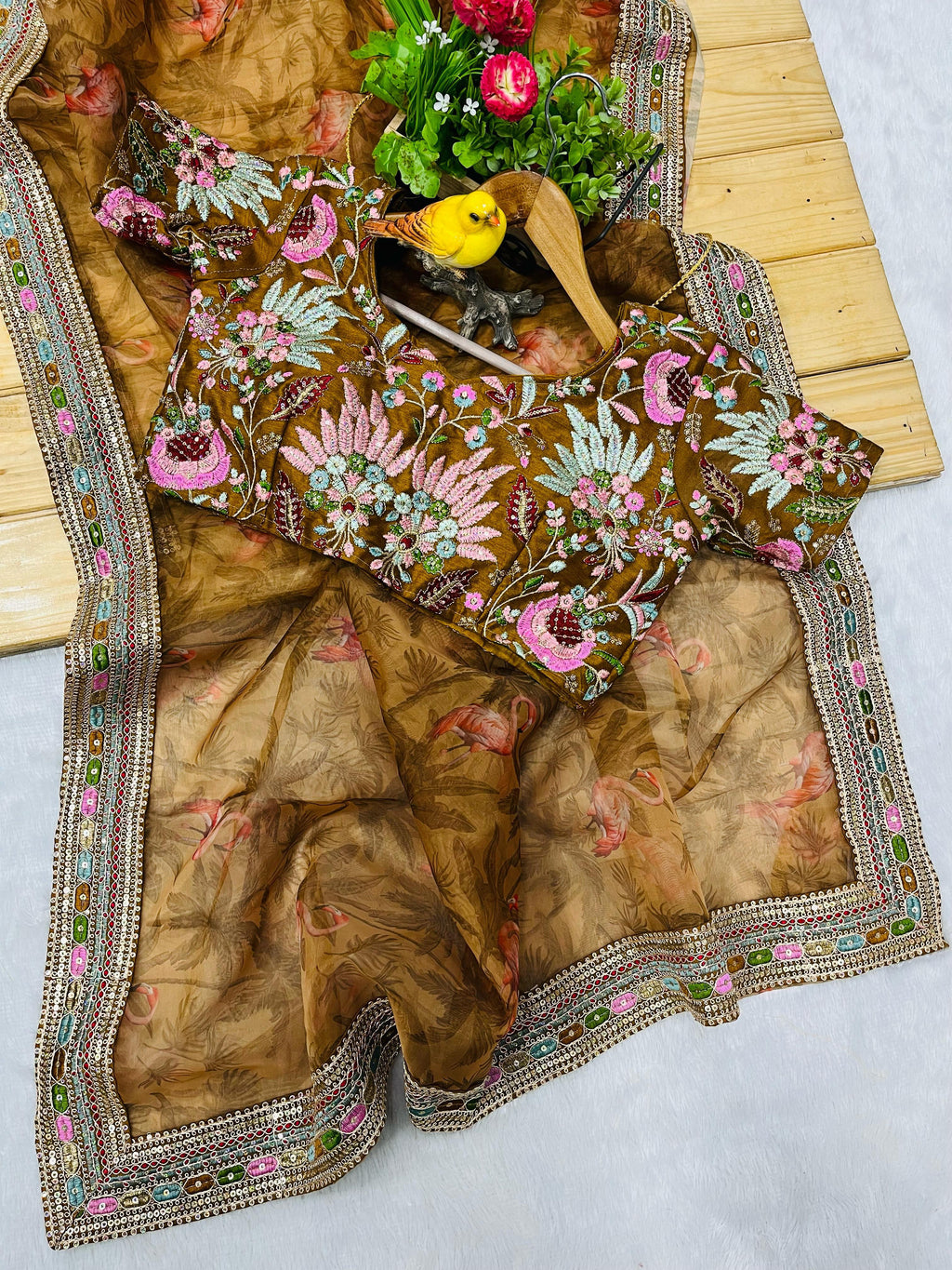 Beautiful Designer Embroidered Saree With Multi Color Thread Work