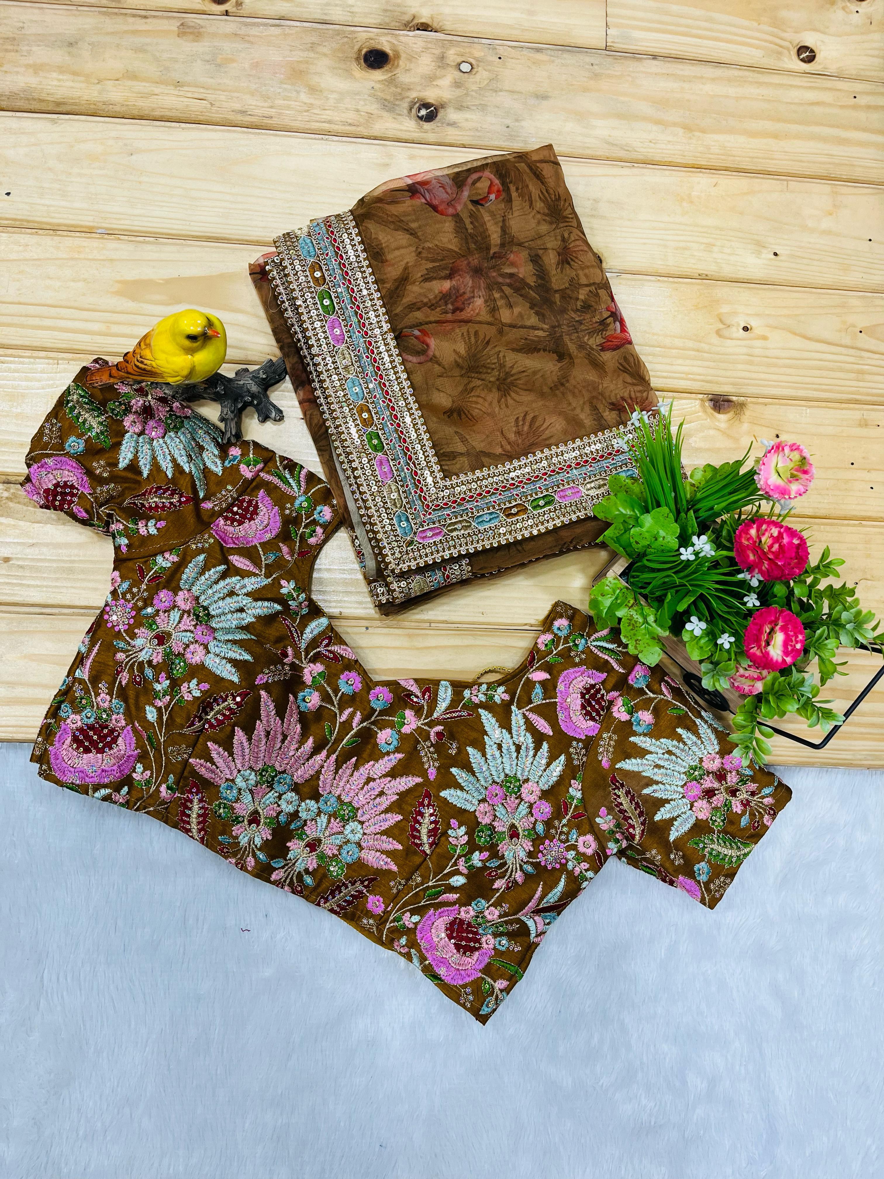 Beautiful Designer Embroidered Saree With Multi Color Thread Work