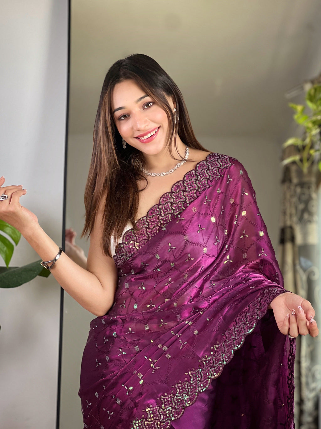 Designer Saree With Embroidery Work Sequins & Thread Work