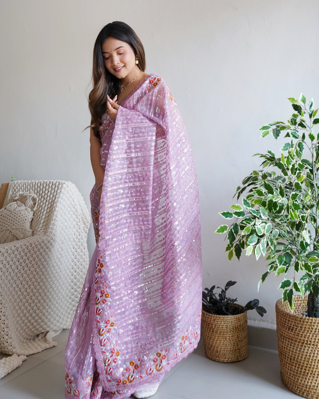 Party Wear Saree With Multi Thread & Sequence Embroidery Work