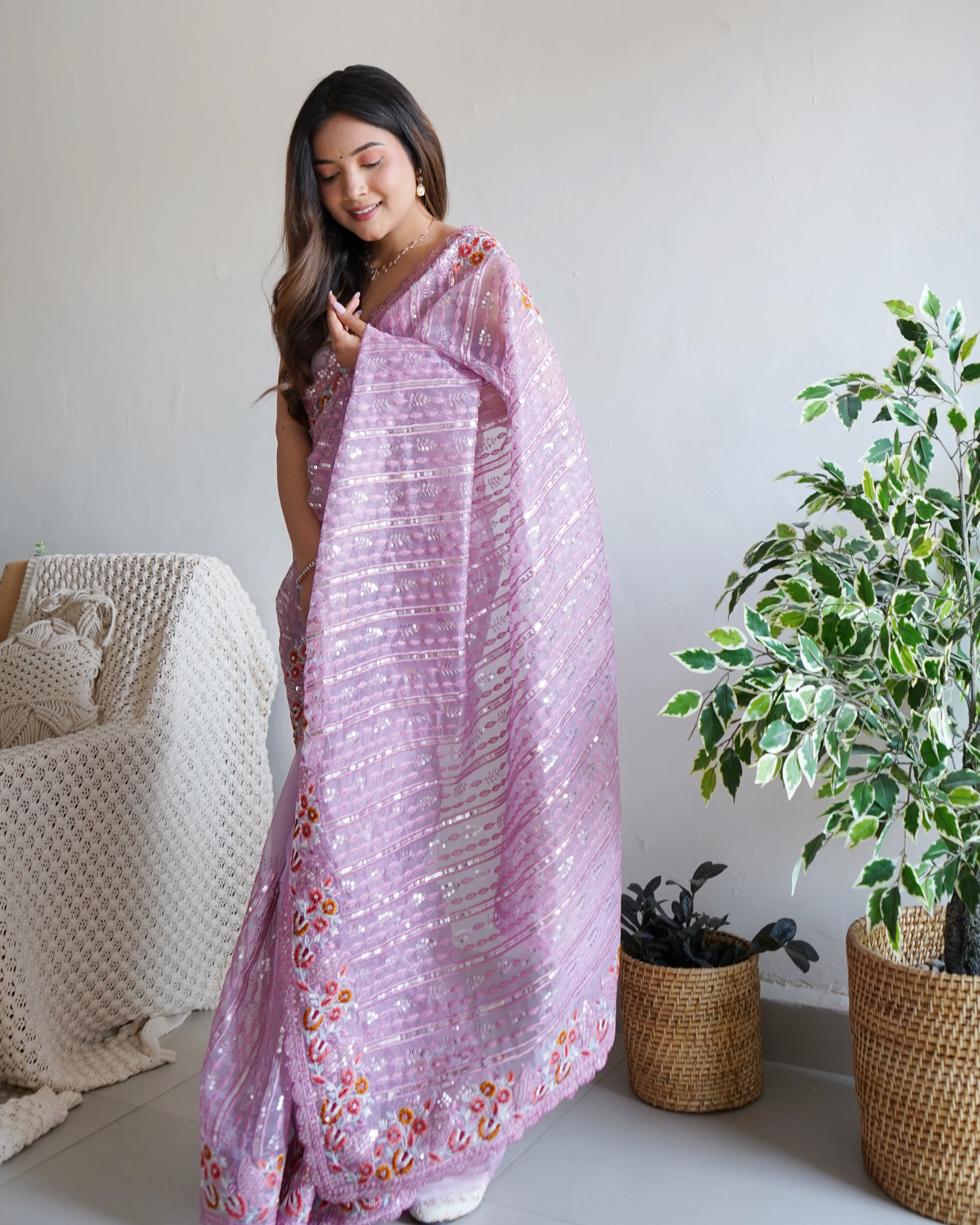 Party Wear Saree With Multi Thread & Sequence Embroidery Work