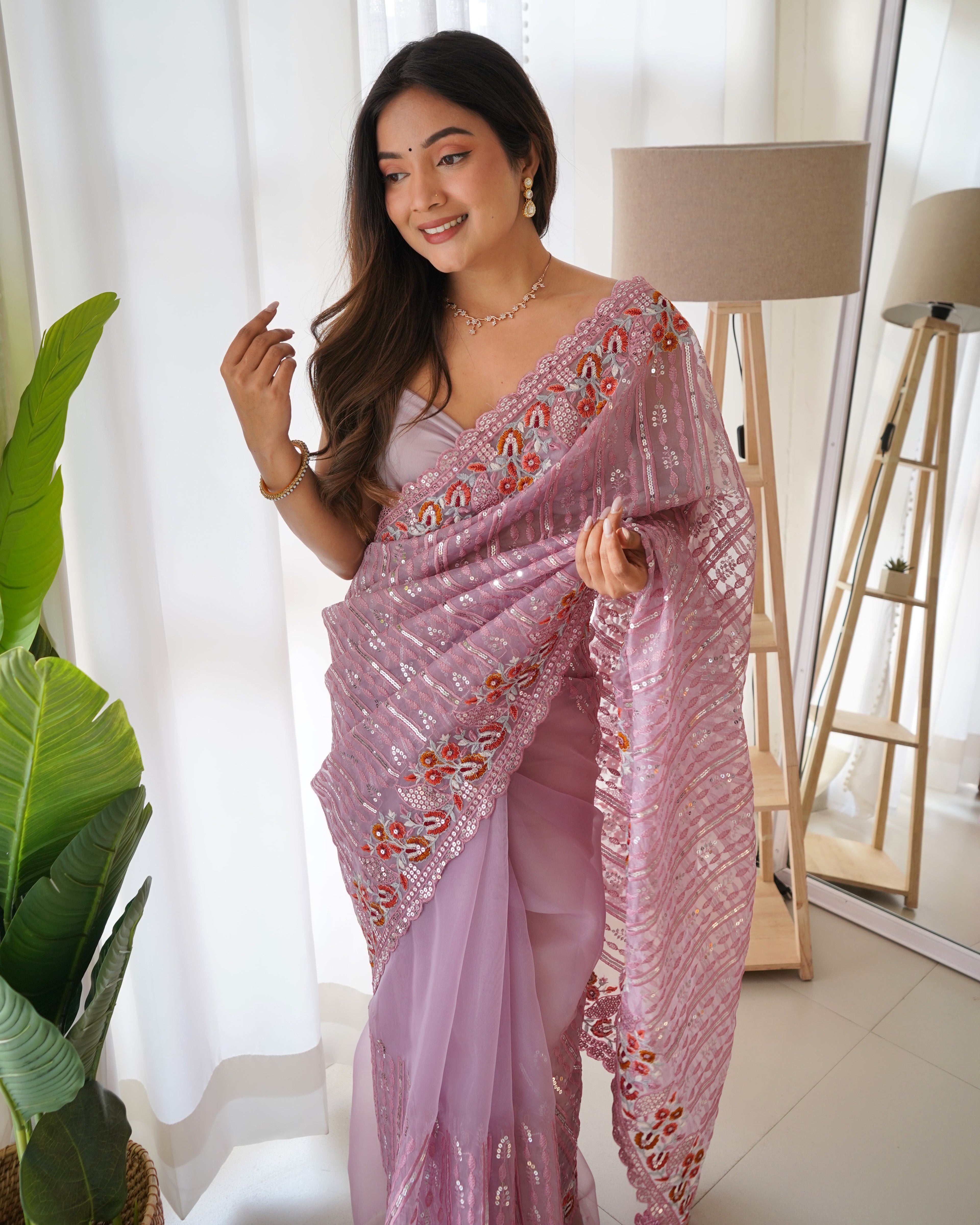 Party Wear Saree With Multi Thread & Sequence Embroidery Work