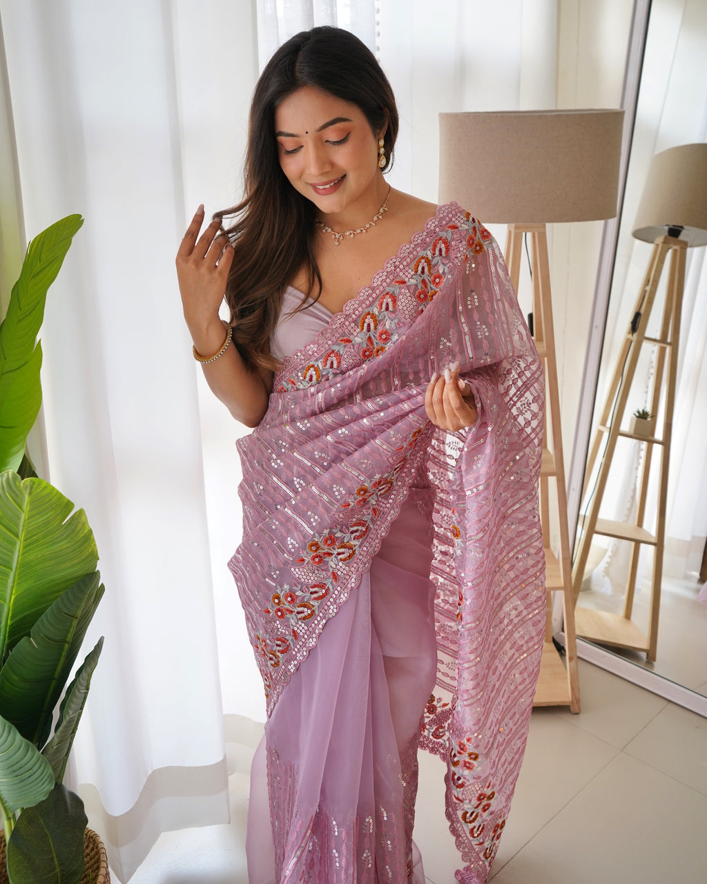 Party Wear Saree With Multi Thread & Sequence Embroidery Work