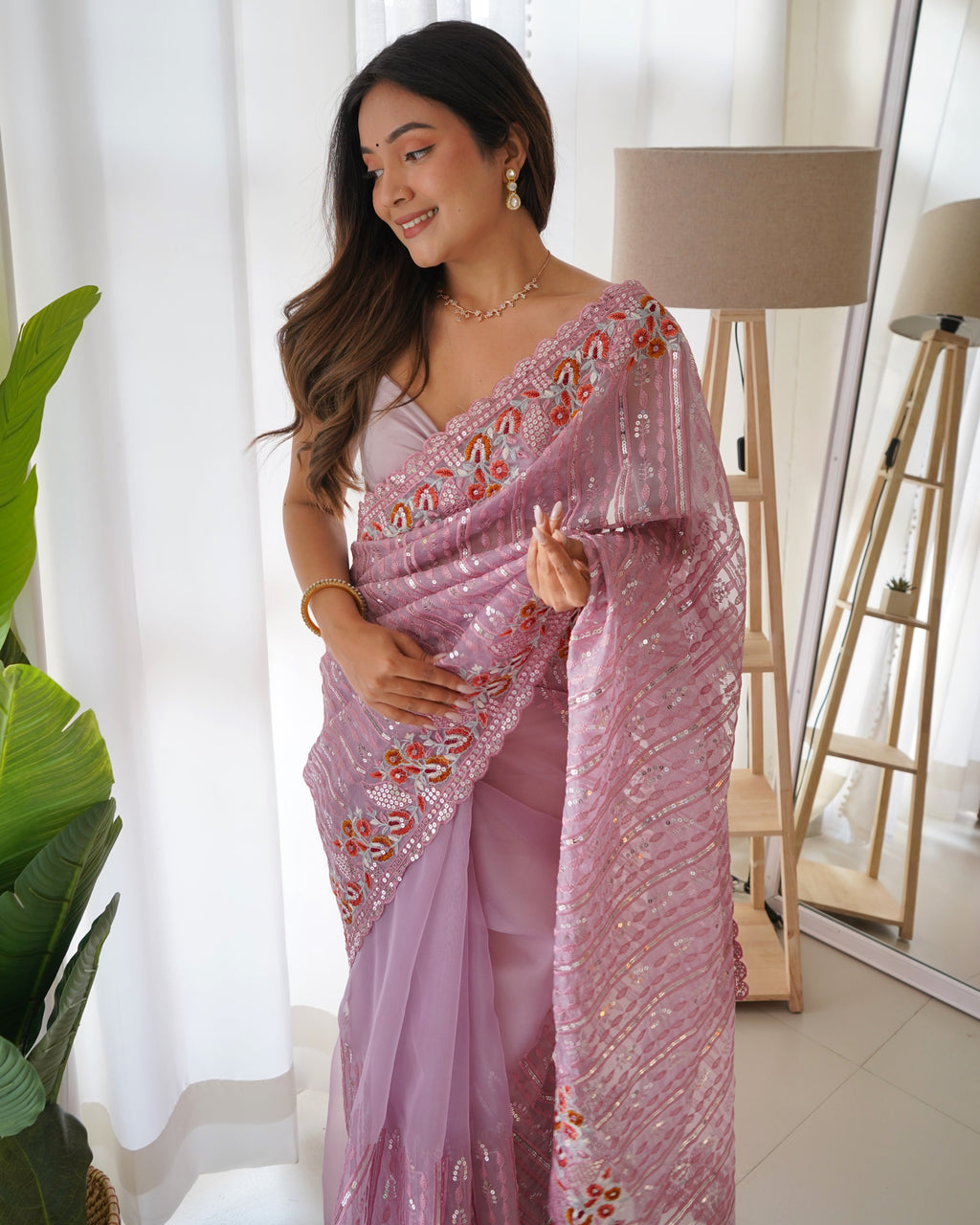 Party Wear Saree With Multi Thread & Sequence Embroidery Work