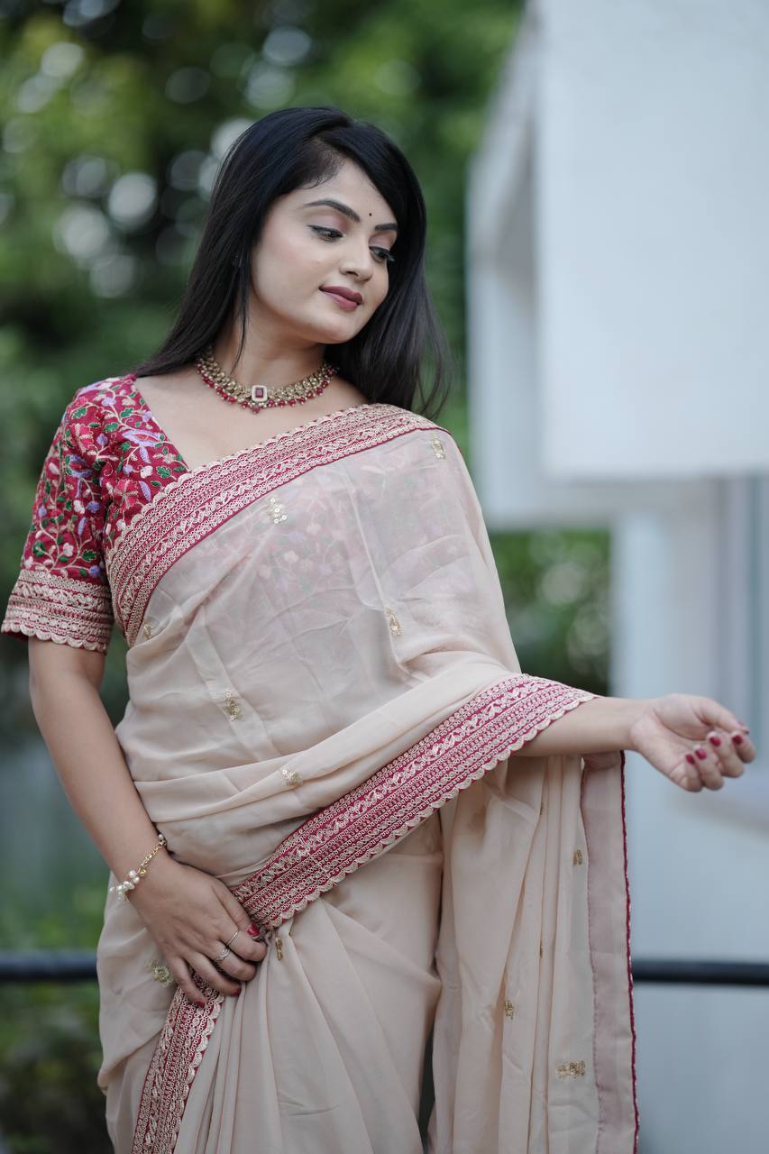 Designer Saree With Beautiful Zari Thread & Sequence Work