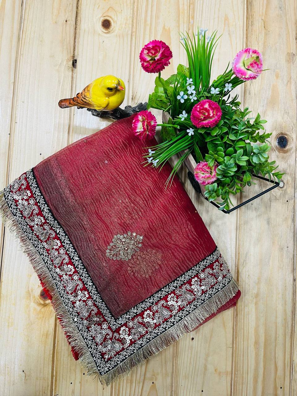 Designer Saree With Beautiful Embroidered Butta of Jari Thread With Diamond